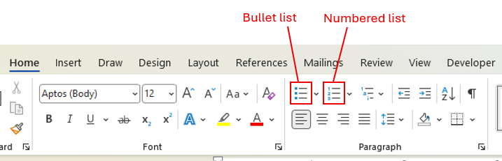 Bullet list and number list buttons on ribbon in Word